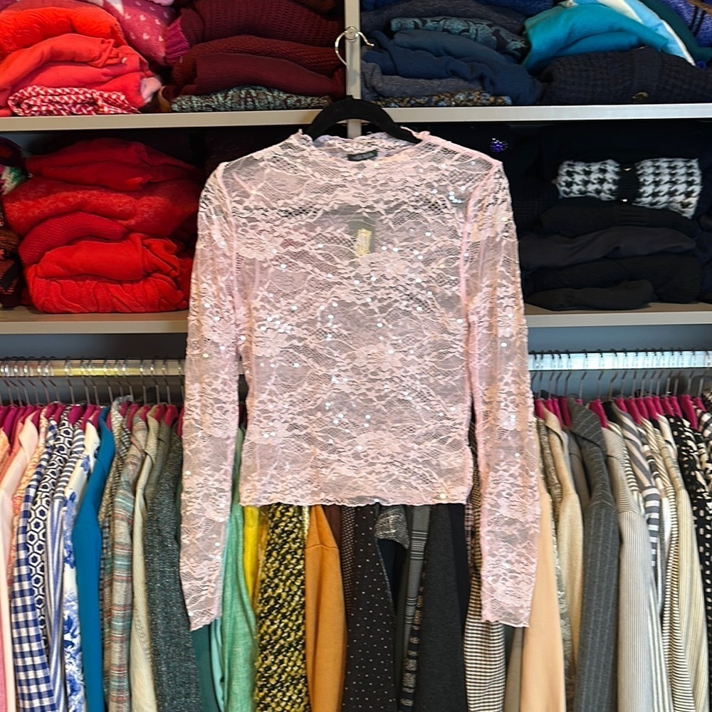 Wild Fable pink lace with sequins long sleeve mock neck top size M NWT